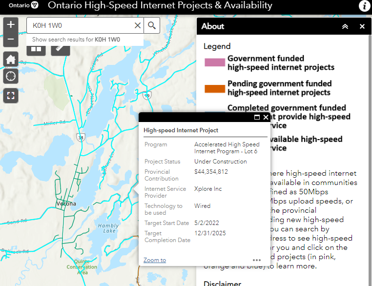 Public Ontario map of broadband project areas
